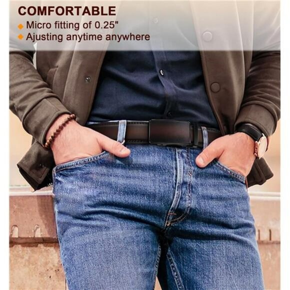 Mens Leather Ratchet Belts Set of 2 Adjustable Slide Buckle Cut to Fit - Picture 7 of 8